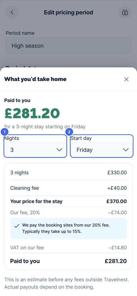 What you'd take home for a 3-night stay starting on Friday, with Nights and Start day highlighted