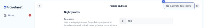 Pricing and fees with Smart Pricing on, with the Estimate take-home button highlighted