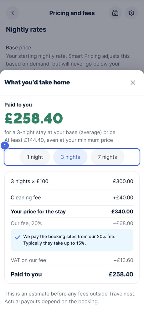 What you'd take home for a 3-night stay at your base price, with the 1, 3 and 7 night options highlighted
