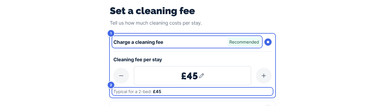 The Set a cleaning fee screen during setup, with Charge a cleaning fee marked Recommended and the typical fee for a 2-bedroom property