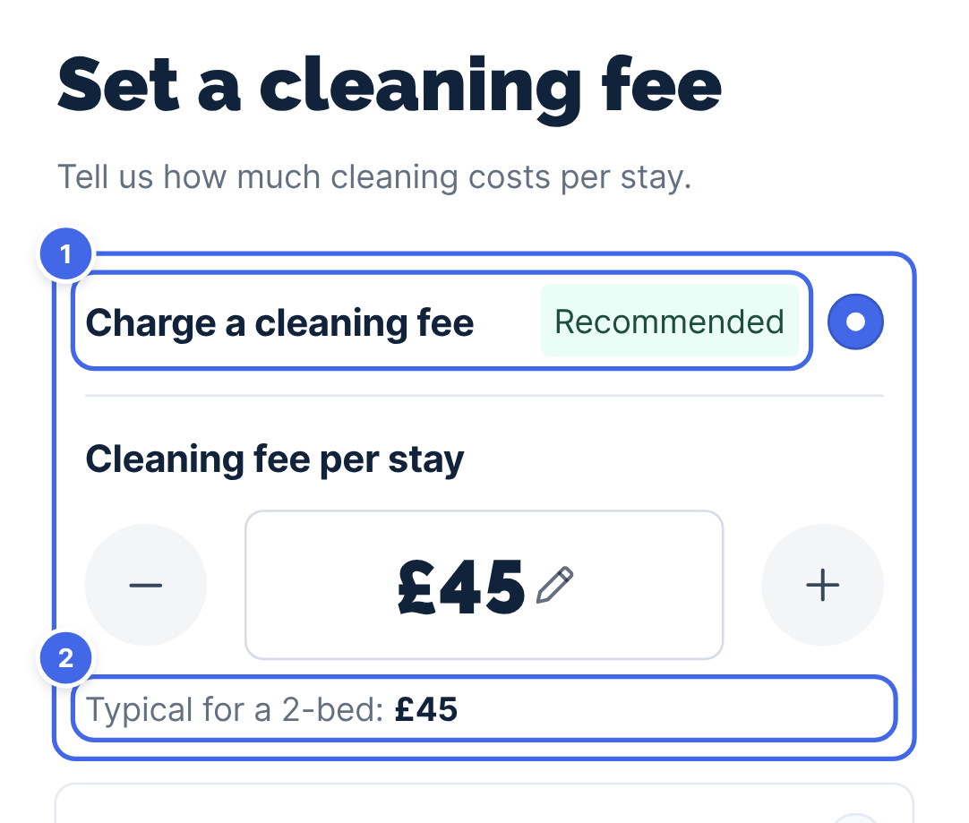 The Set a cleaning fee screen during setup, with Charge a cleaning fee marked Recommended and the typical fee for a 2-bedroom property