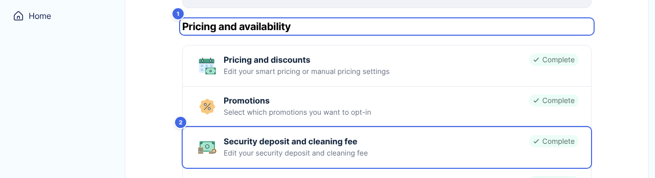 The property page, with the Pricing and availability section and the Security deposit and cleaning fee option highlighted