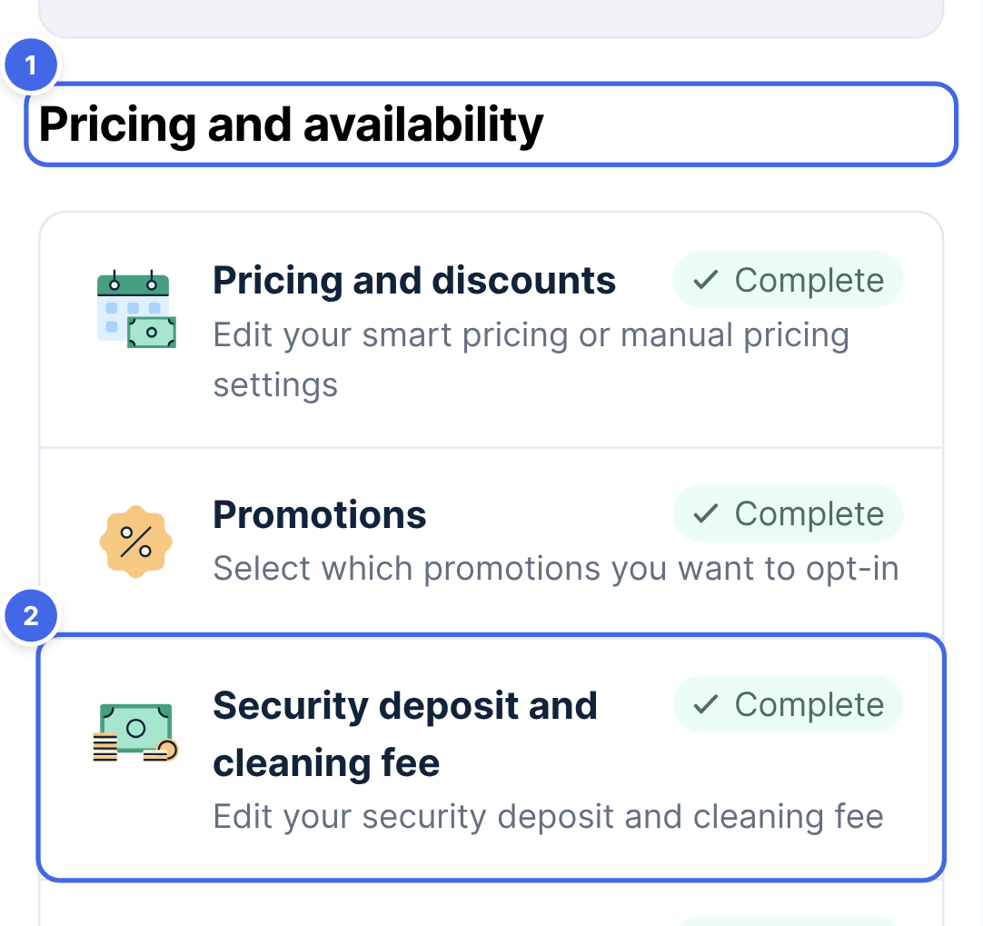 The property page, with the Pricing and availability section and the Security deposit and cleaning fee option highlighted