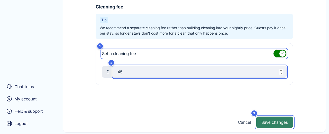 The cleaning fee settings: a tip recommending a separate cleaning fee, then the Set a cleaning fee switch, the amount box and the Save changes button highlighted