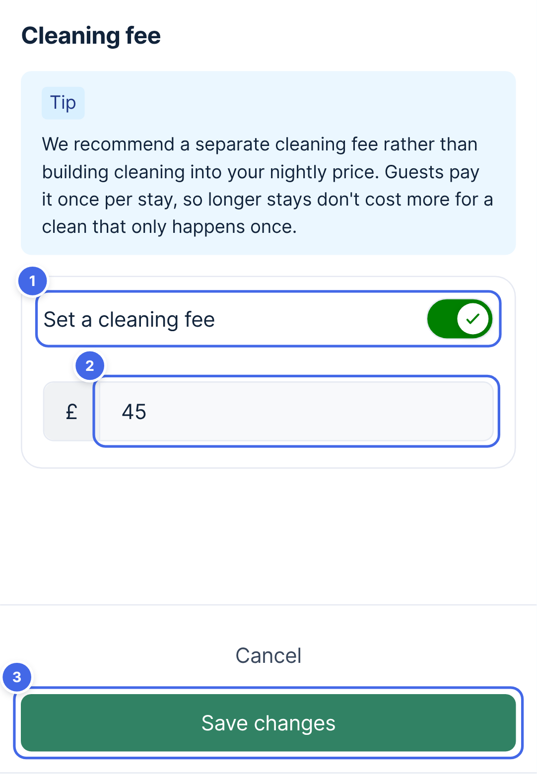 The cleaning fee settings: a tip recommending a separate cleaning fee, then the Set a cleaning fee switch, the amount box and the Save changes button highlighted