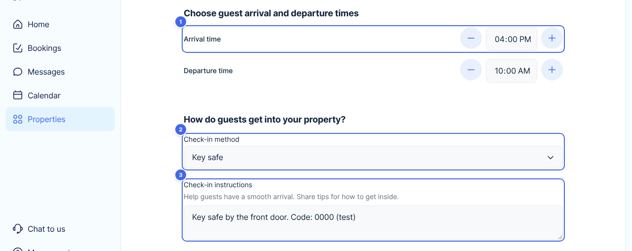 The Check-in and checkout page with arrival time (1), how guests get in (2) and check-in instructions (3)