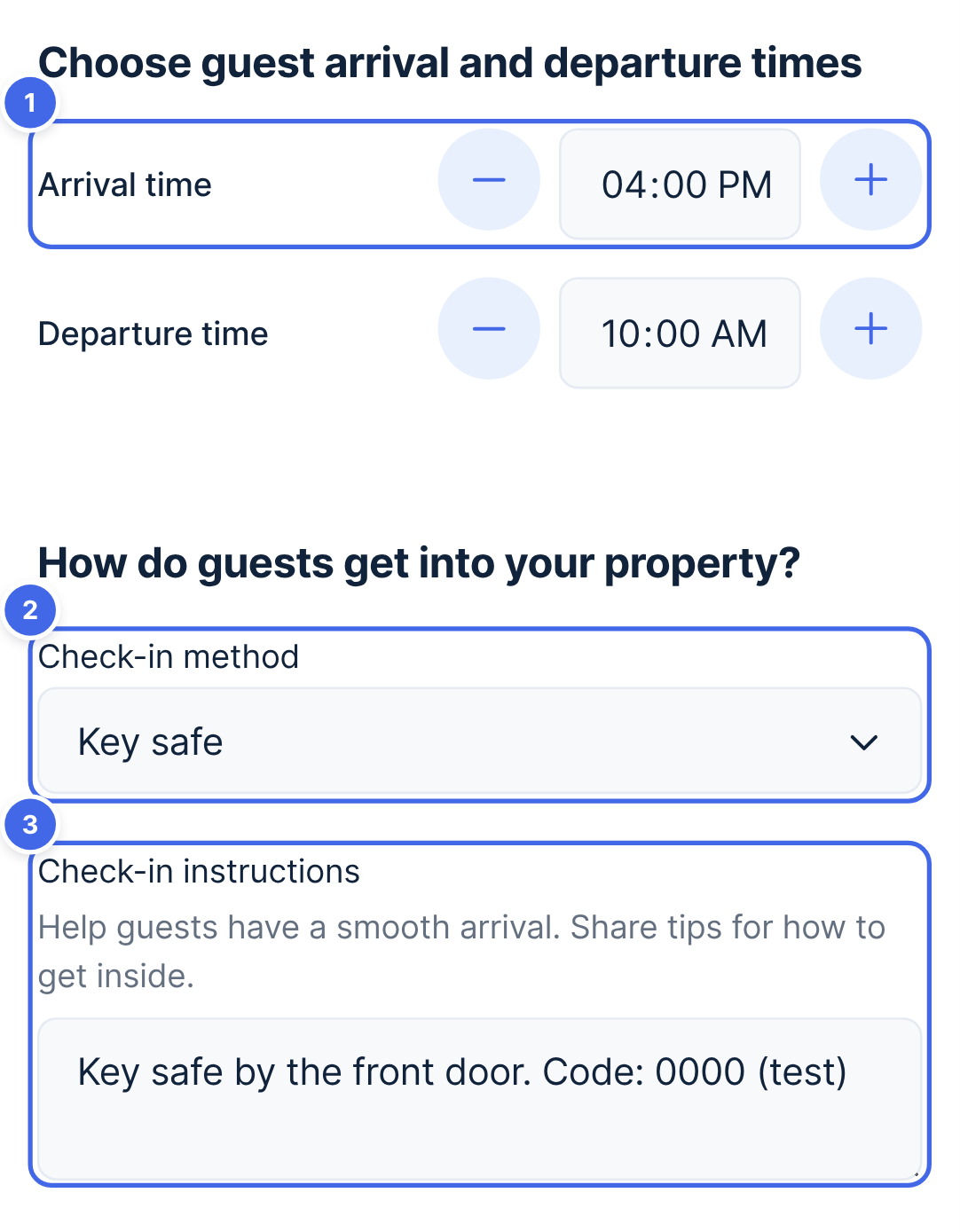 The Check-in and checkout page with arrival time (1), how guests get in (2) and check-in instructions (3)