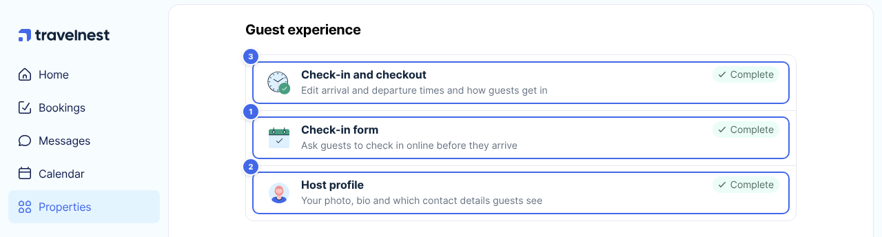 The Guest experience section on the property page, with Check-in form (1), Host profile (2) and Check-in and checkout (3)