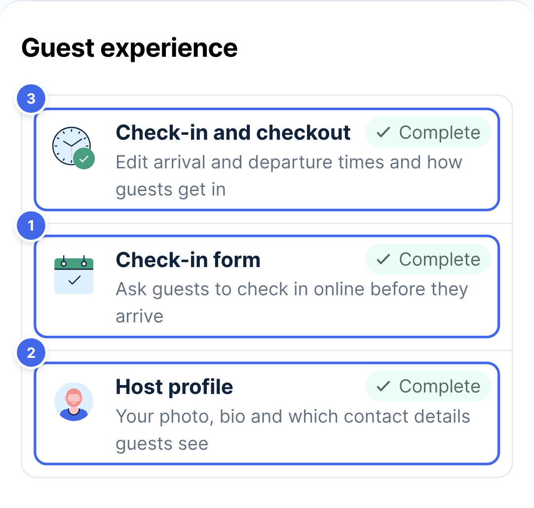 The Guest experience section on the property page, with Check-in form (1), Host profile (2) and Check-in and checkout (3)