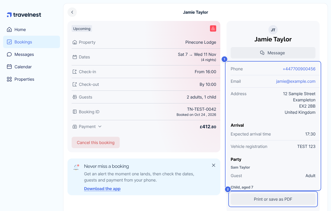 A booking's guest details card showing the guest's check-in details (1) and Print or save as PDF (2)