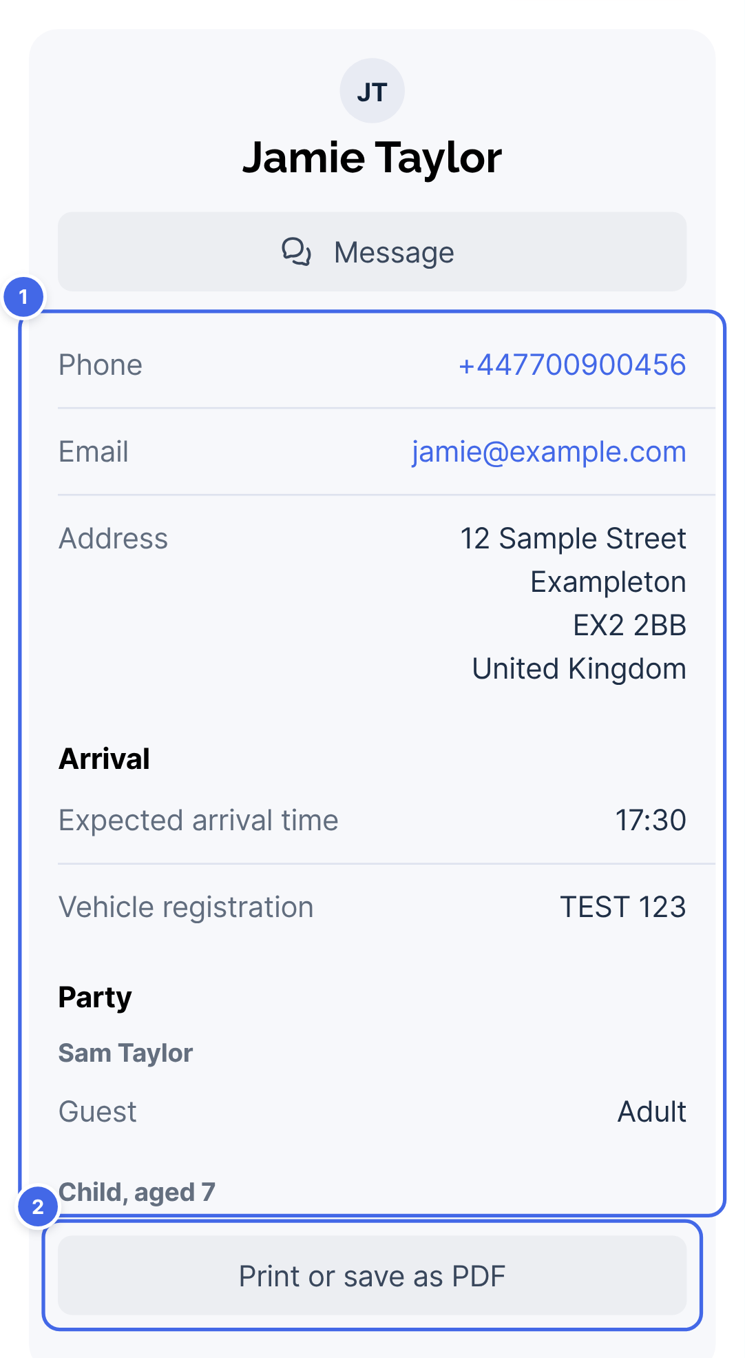 A booking's guest details card showing the guest's check-in details (1) and Print or save as PDF (2)