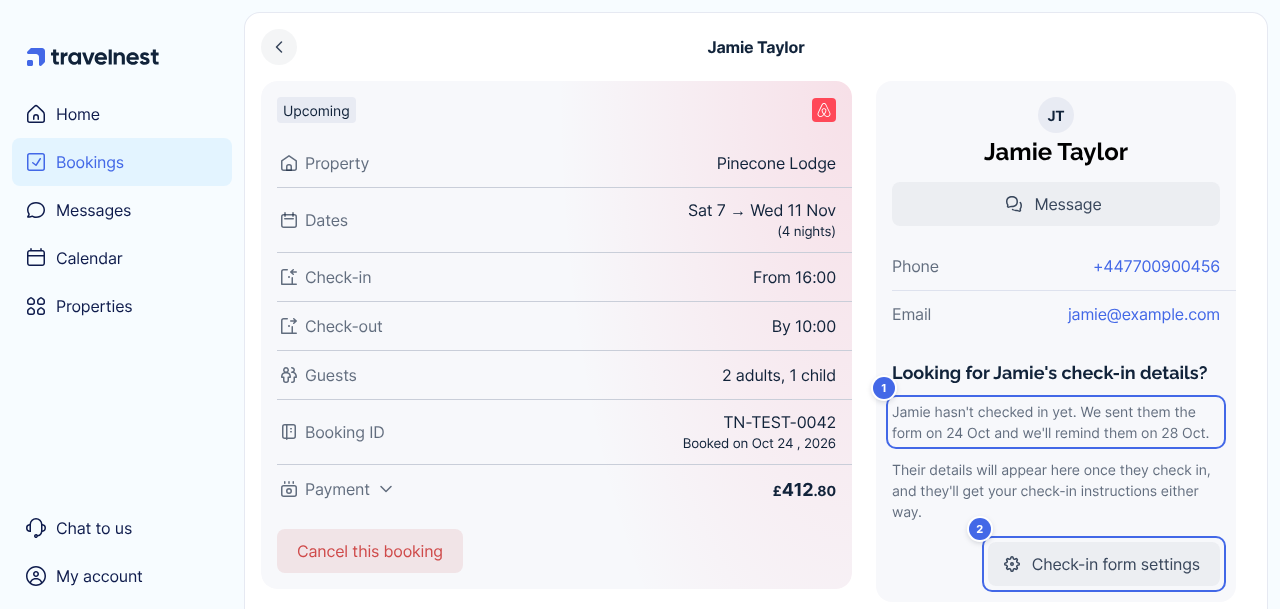 The guest details card before the guest has checked in (1), with Check-in form settings (2)