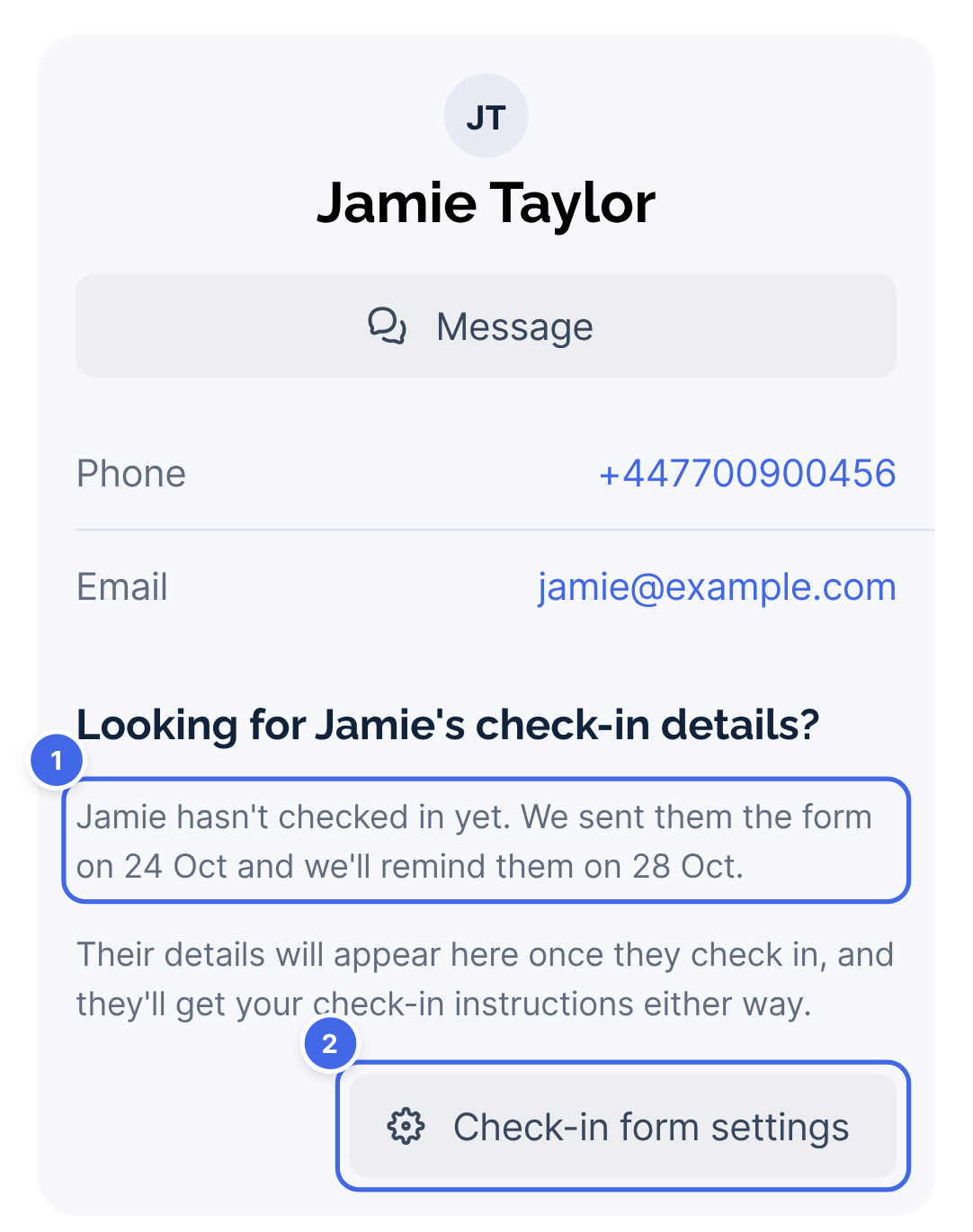 The guest details card before the guest has checked in (1), with Check-in form settings (2)