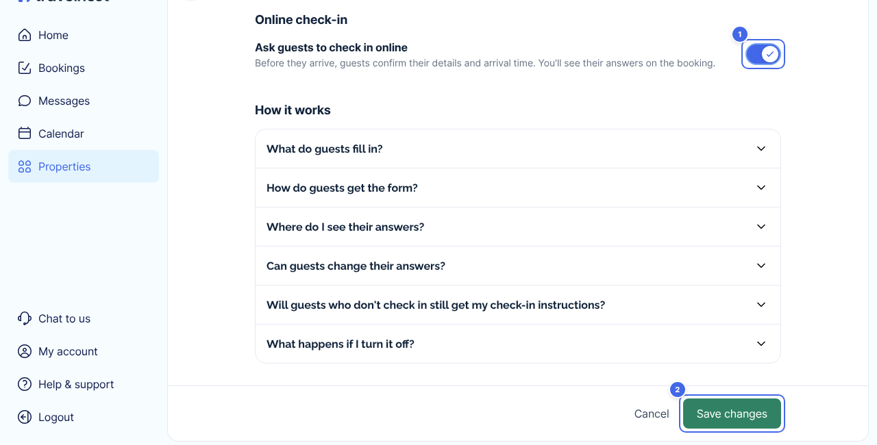 The Check-in form page with Ask guests to check in online turned on (1) and Save changes (2)
