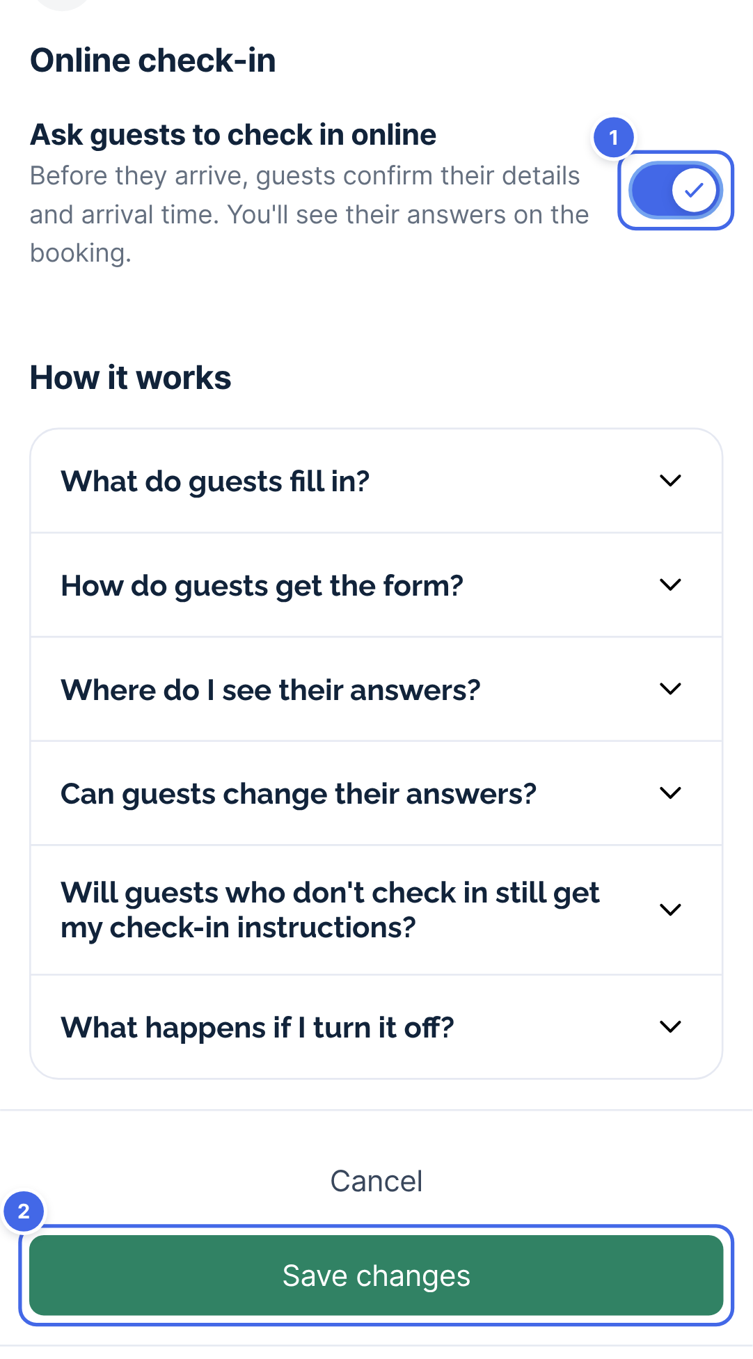 The Check-in form page with Ask guests to check in online turned on (1) and Save changes (2)