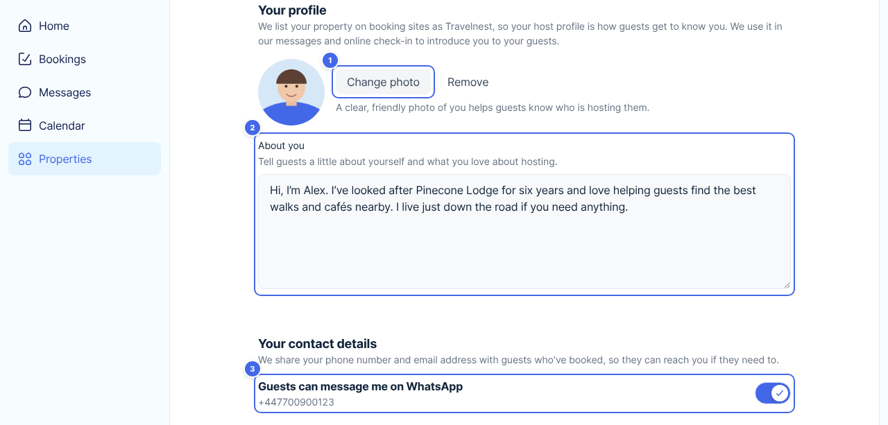 The Host profile page with your photo (1), About you (2) and Guests can message me on WhatsApp (3)
