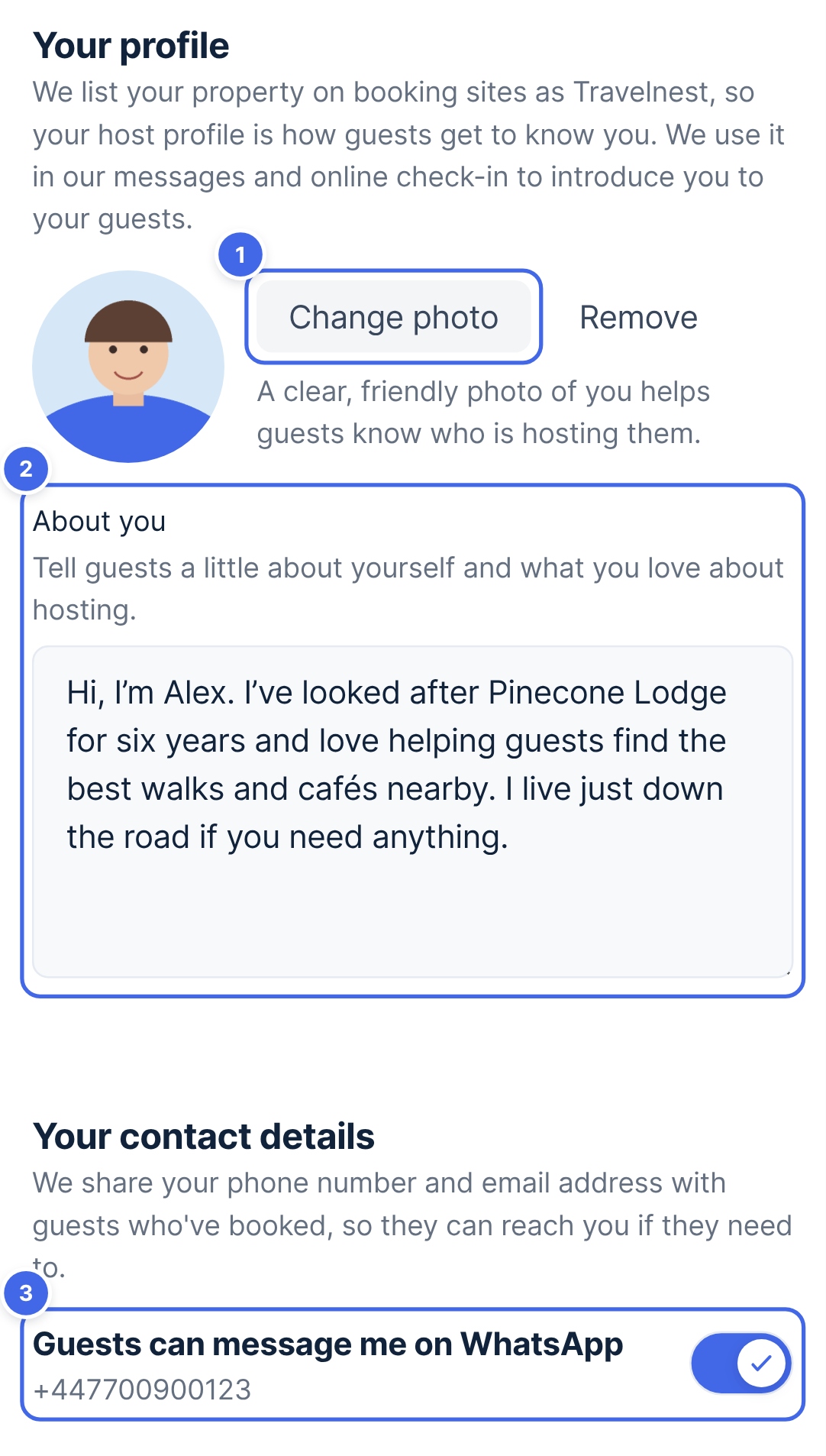 The Host profile page with your photo (1), About you (2) and Guests can message me on WhatsApp (3)